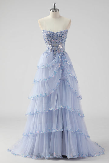 Lavanda una linea senza spalline paillettes corsetto Tiered Prom Dress con fessura